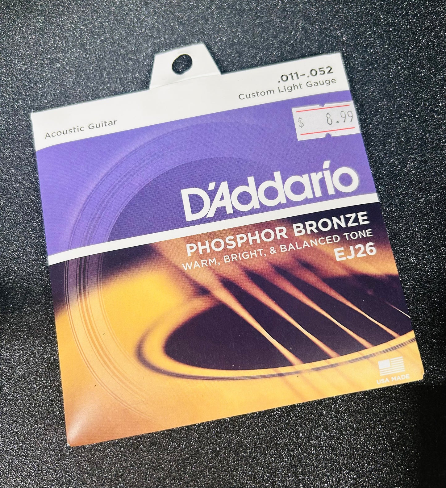 D'Addario Acoustic Guitar Strings, Phosphor Bronze, EJ26, Custom Light Gauge 11-52